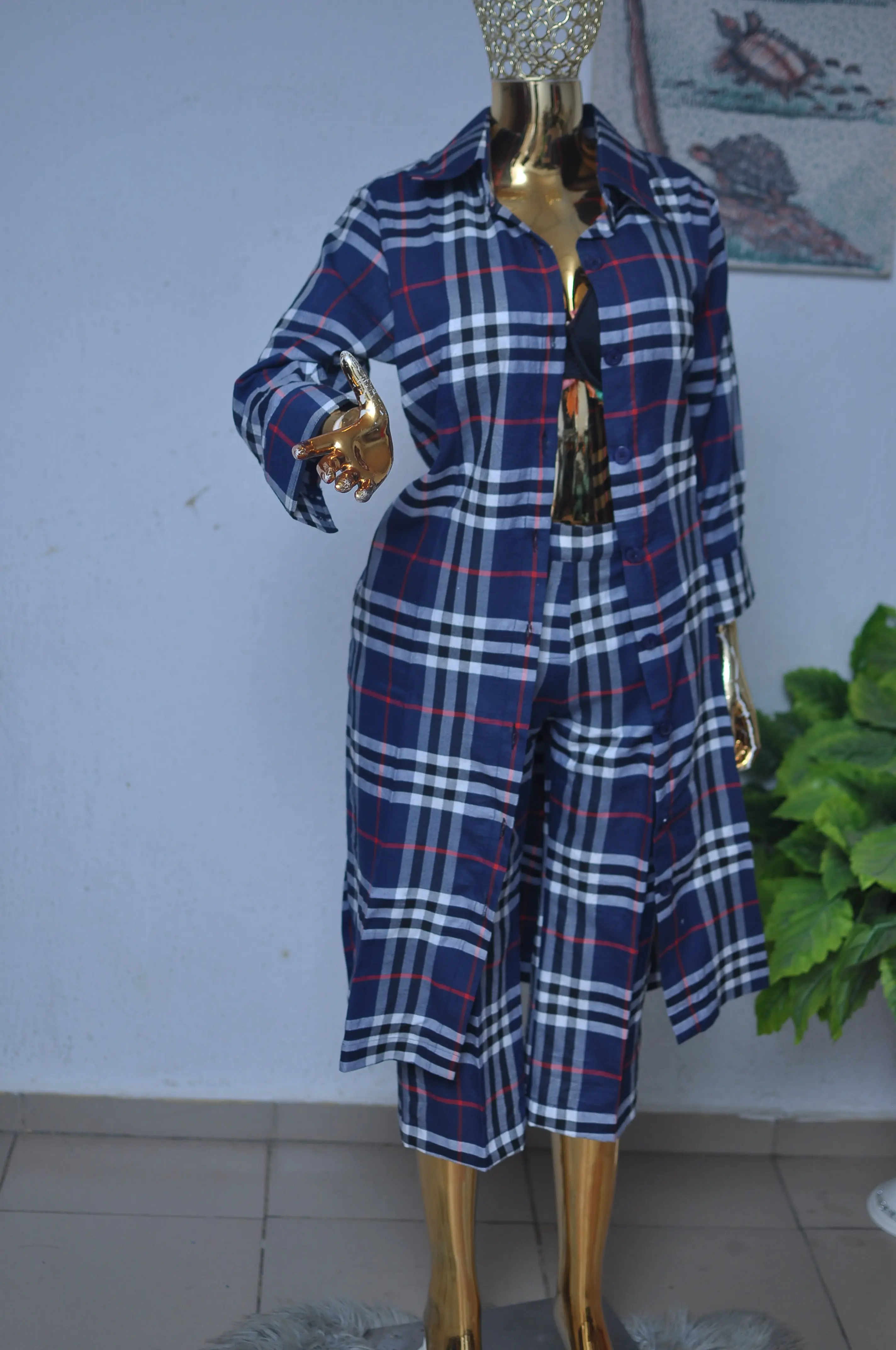 Navy tartan plaid shirt-and-trouser co-ord set.