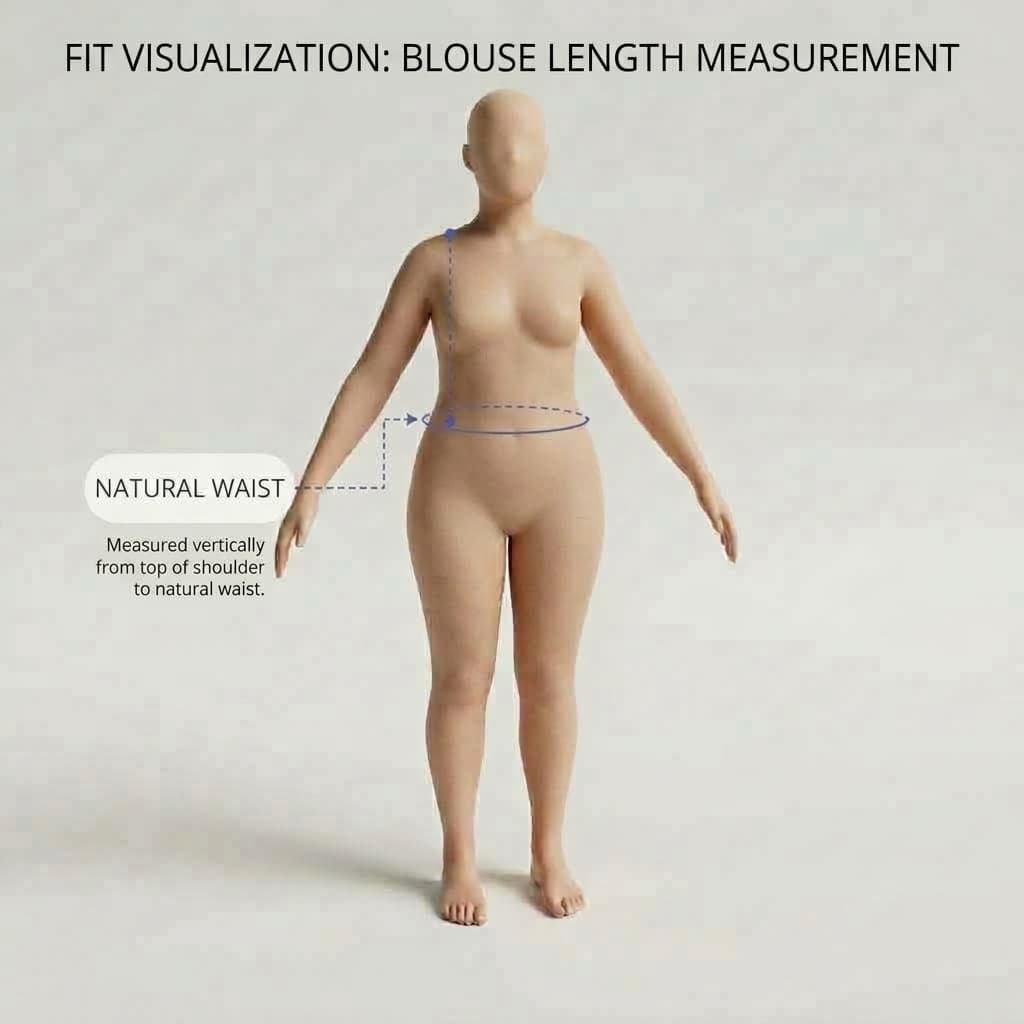 Diagram showing where to measure blouse length, from the top of the shoulder down to near the waist.