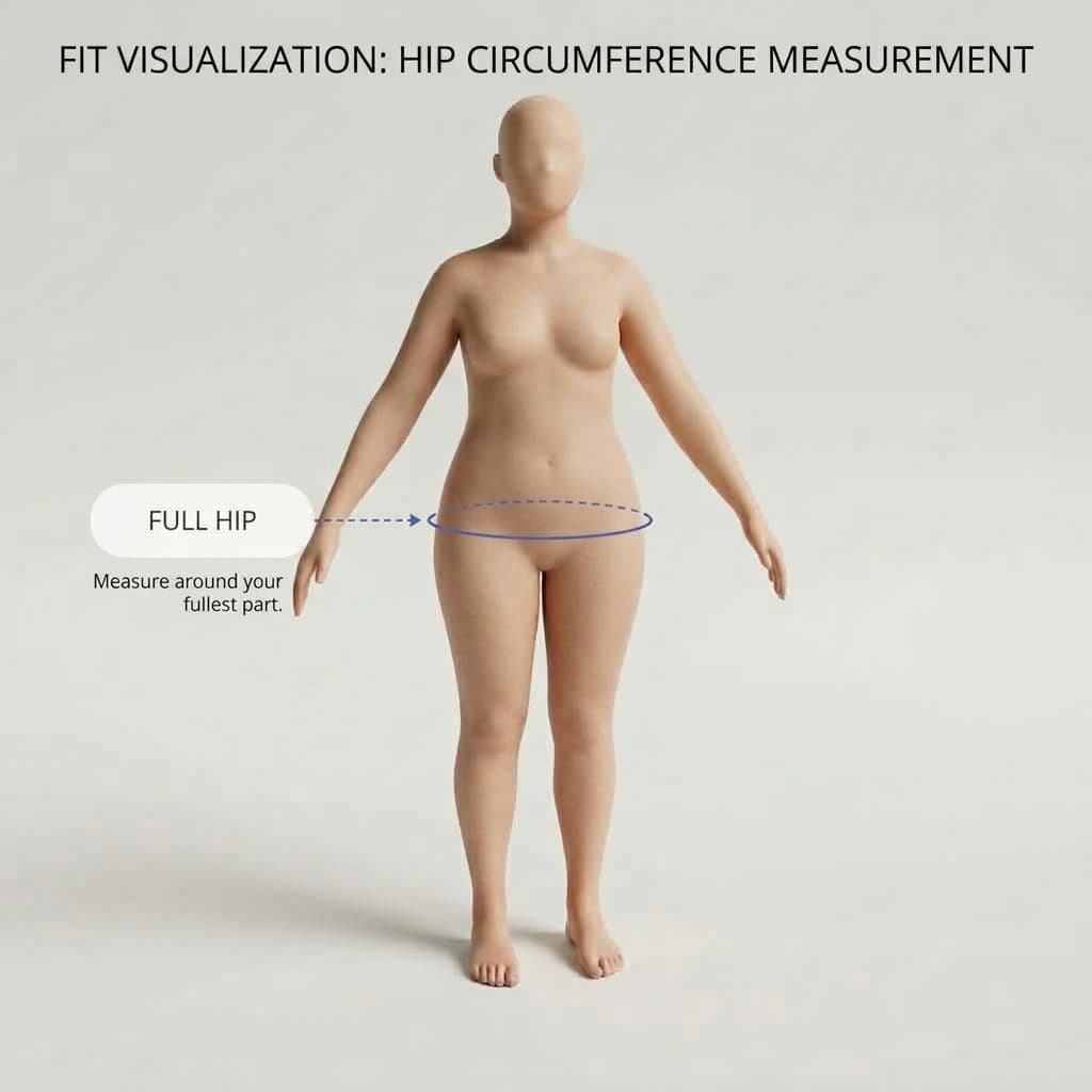 Diagram showing where to measure hip circumference, around the fullest part of the hips.