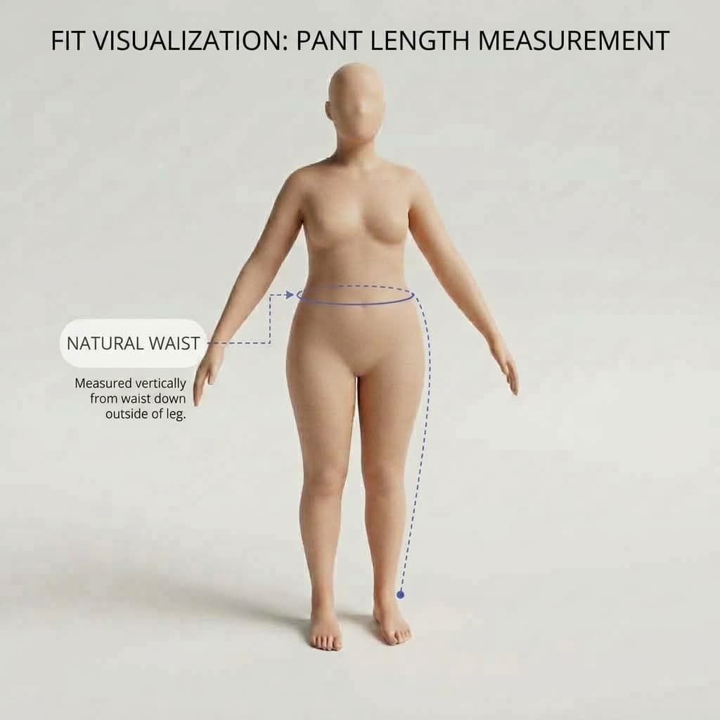 Diagram showing where to measure pant length, from the natural waist down the outside of the leg.