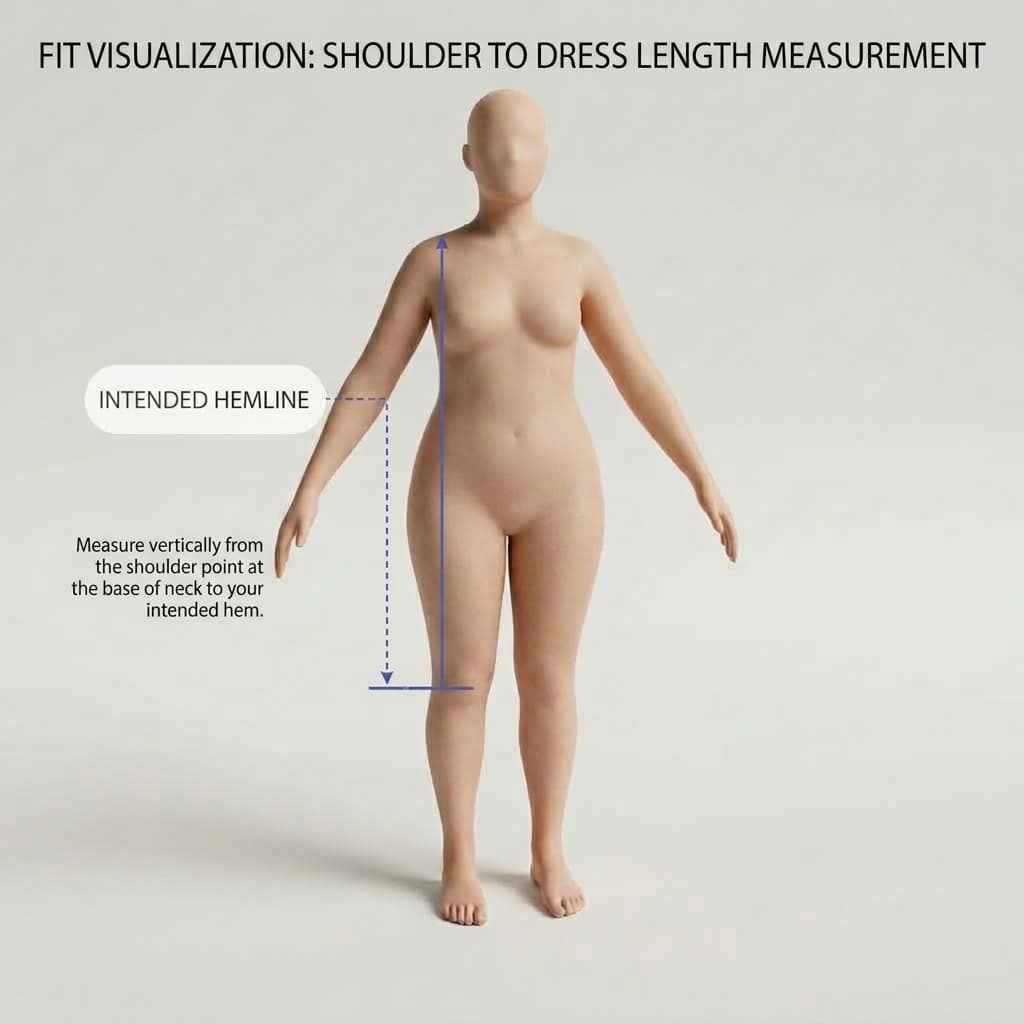 Diagram showing where to measure from the top of the shoulder down to the desired dress length.