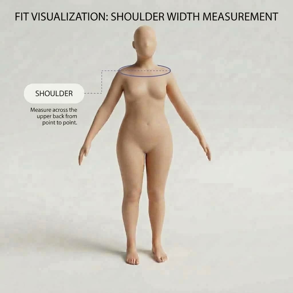 Diagram showing where to measure shoulder width, from the tip of one shoulder to the other.