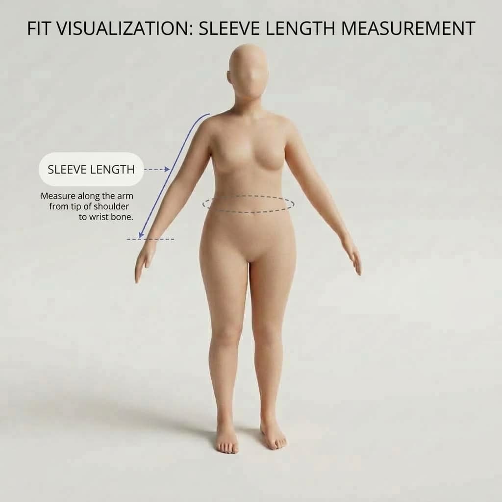 Diagram showing where to measure sleeve length, from the shoulder tip down to the wrist bone.