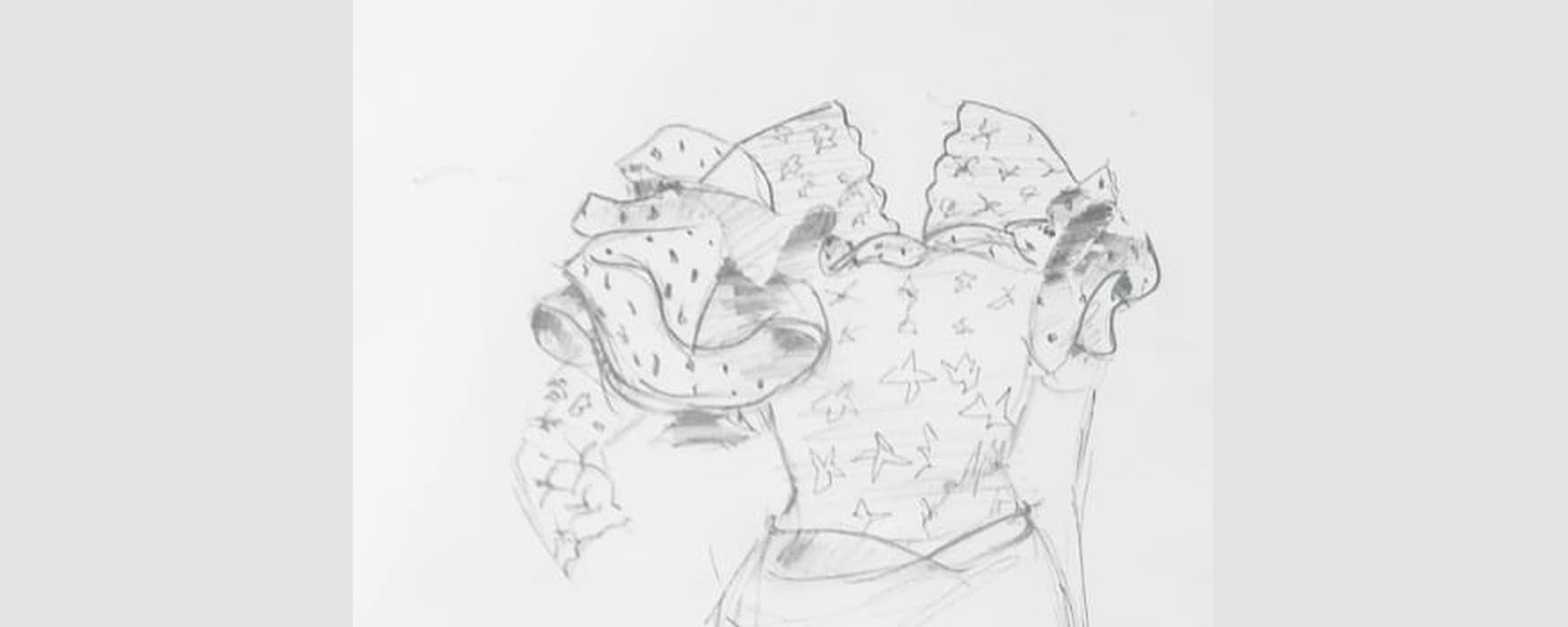 Mizright design sketch of a dress bodice with sculptural ruffle shoulders, lace and star motifs.