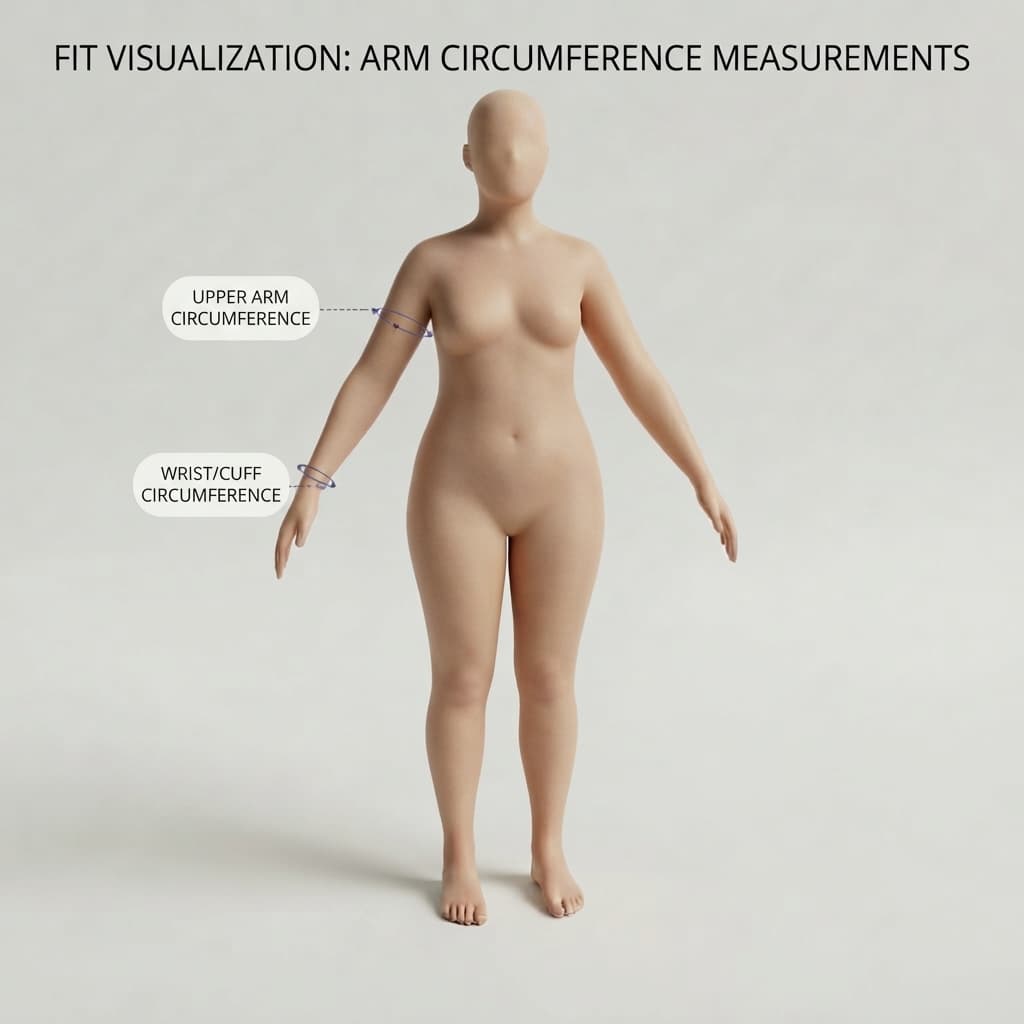 Diagram showing where to measure around the upper arm and around the wrist cuff.