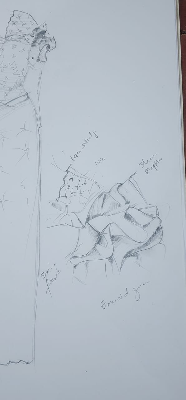 Sketch of the ruffle sleeve detail with handwritten fabric notes for lace, satin and emerald green.