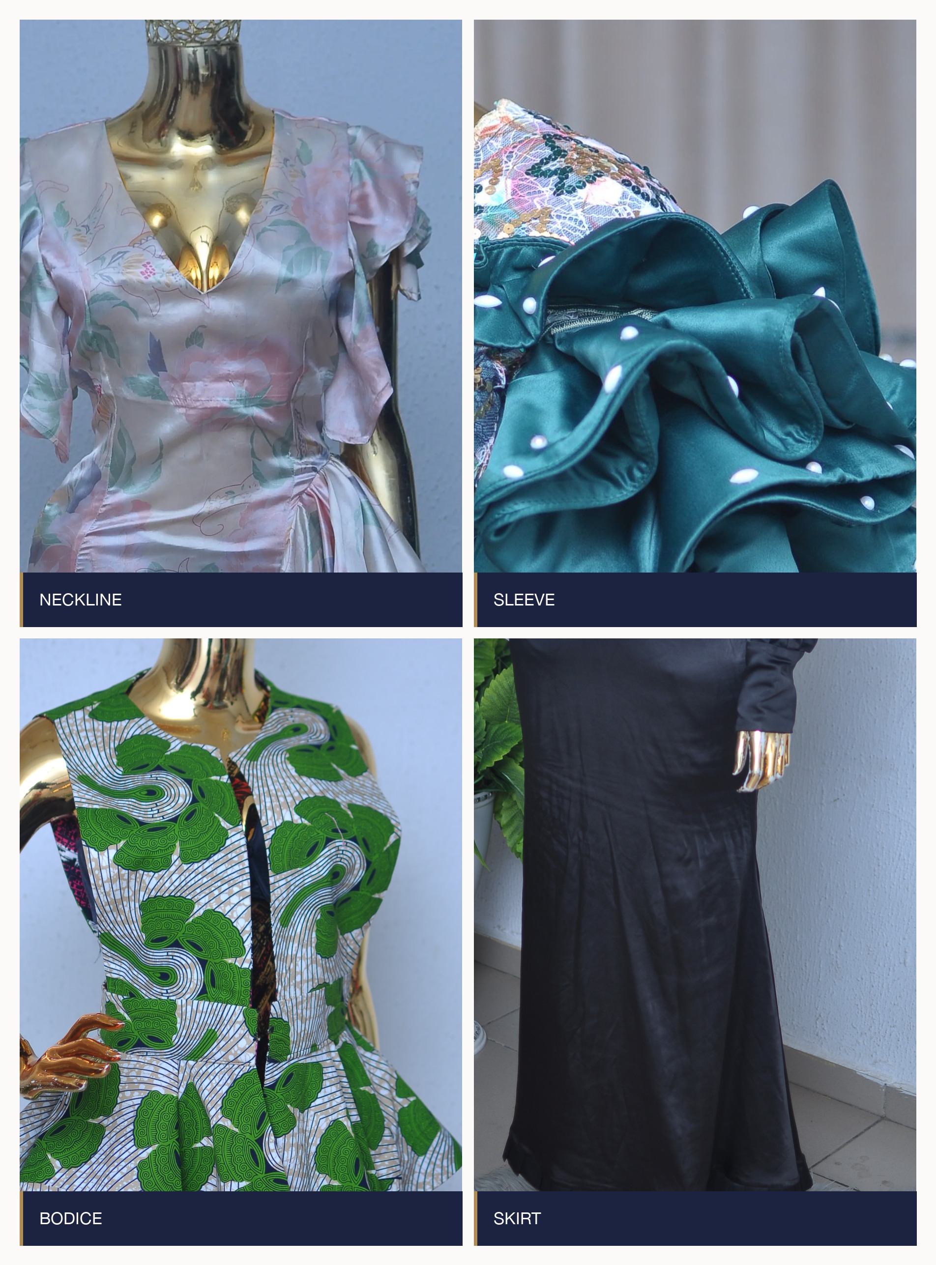 A 2x2 grid of labeled reference crops — a blush floral neckline, an emerald ruffle sleeve, a fitted Ankara peplum bodice, and a long black satin skirt.